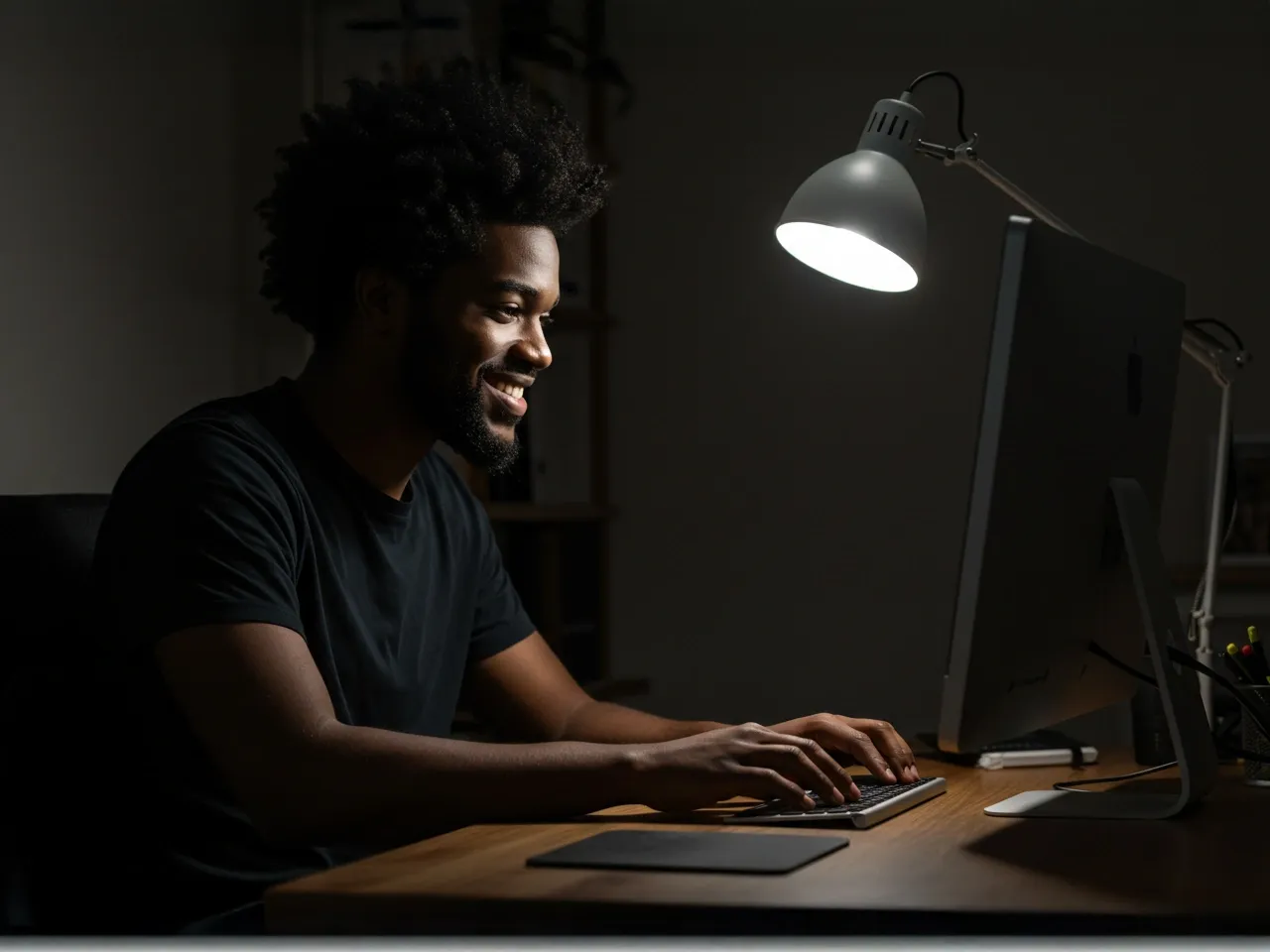 Smiling man using computer in a dark room